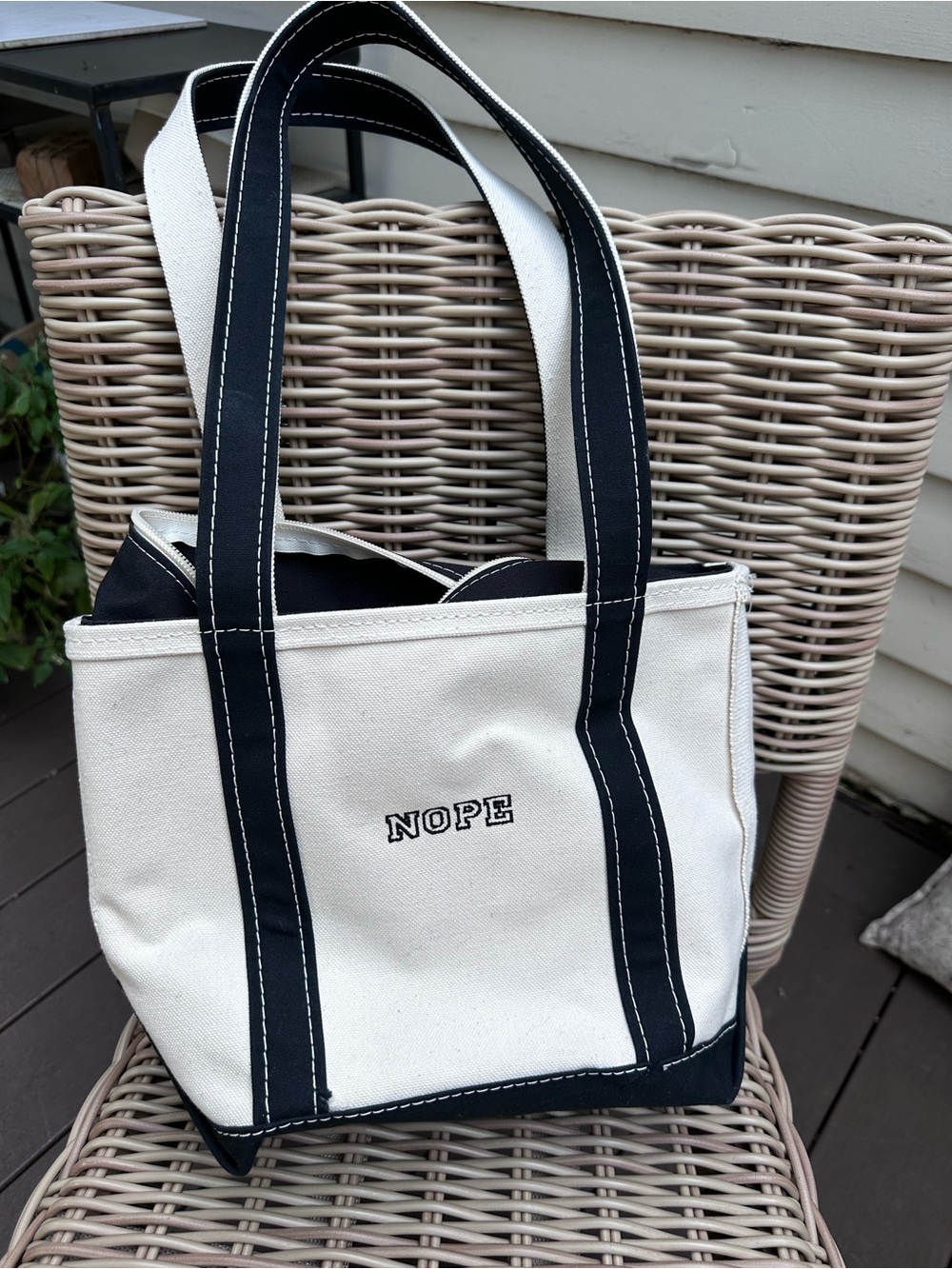 LL BEAN NOPE Canvas Tote Bag in Cream and Black